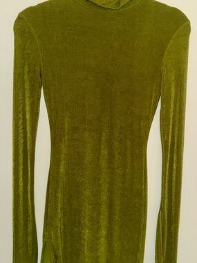 Olive Green Bodycon Mini Dress Slit Side Turtleneck Stretch Fit.